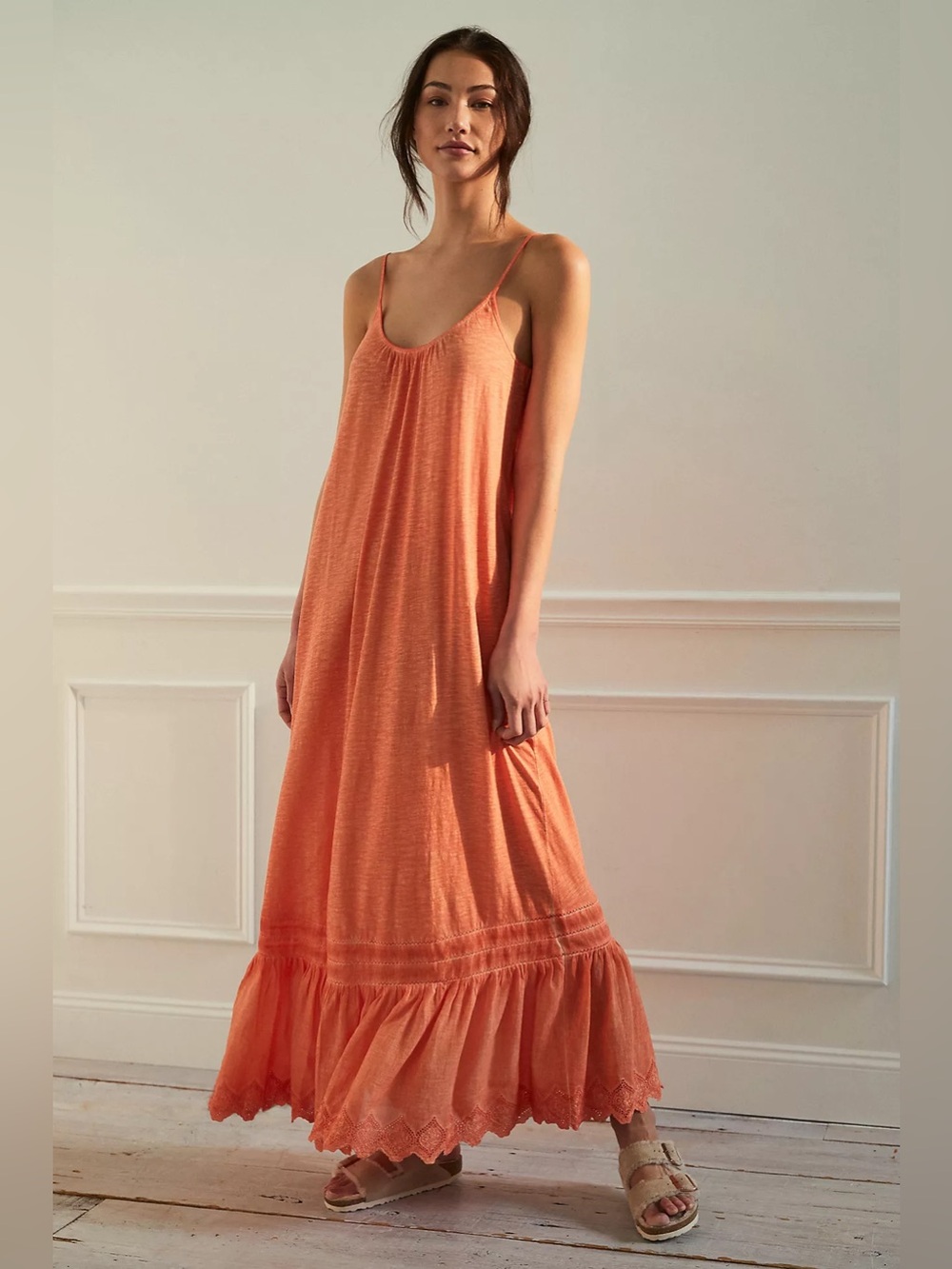 Women's Orange Maxi Dress with Ruffle Hem